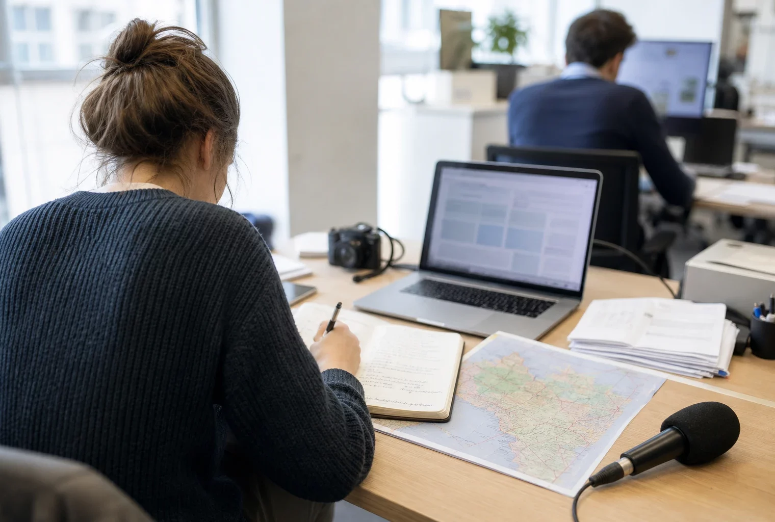 Journaliste préparant un sujet sur le chômage dans une rédaction locale, avec carnet, carte floue et micro sans logo