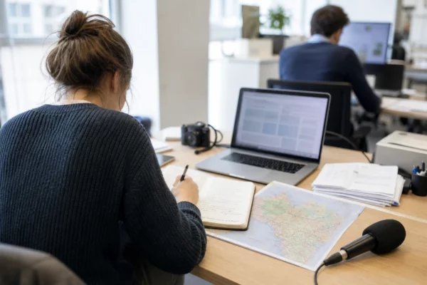 Journaliste préparant un sujet sur le chômage dans une rédaction locale, avec carnet, carte floue et micro sans logo
