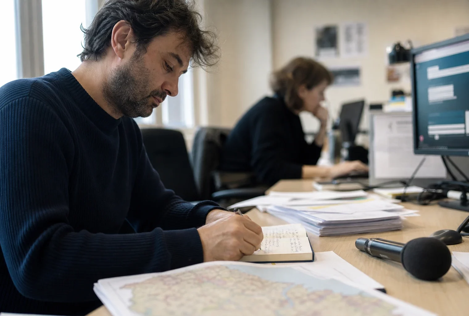 Journaliste préparant un sujet politique dans une rédaction locale, avec carnet, micro et carte régionale floue
