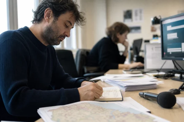 Journaliste préparant un sujet politique dans une rédaction locale, avec carnet, micro et carte régionale floue