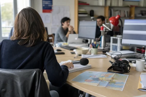 Journaliste préparant un sujet européen dans une rédaction française, avec carnet, micro et carte d’Europe floue
