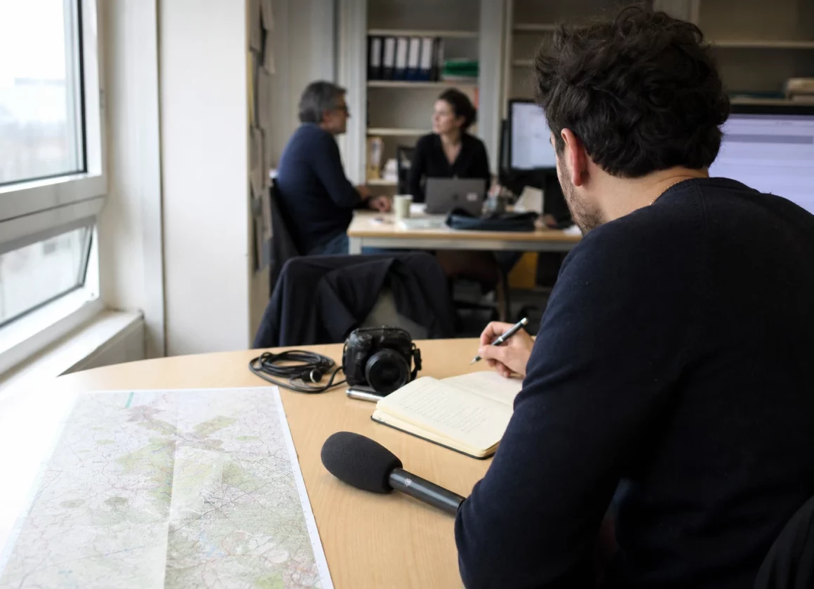 Journaliste préparant un sujet politique dans une rédaction locale française, avec carnet, carte floue et micro sans logo