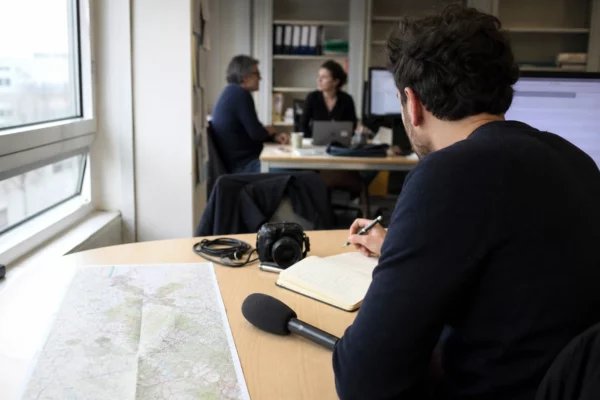 Journaliste préparant un sujet politique dans une rédaction locale française, avec carnet, carte floue et micro sans logo