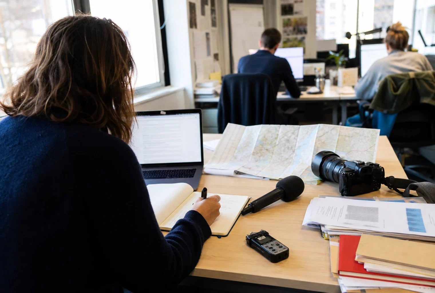 Journaliste préparant un sujet politique dans une rédaction locale française, avec carnet, micro et carte floue