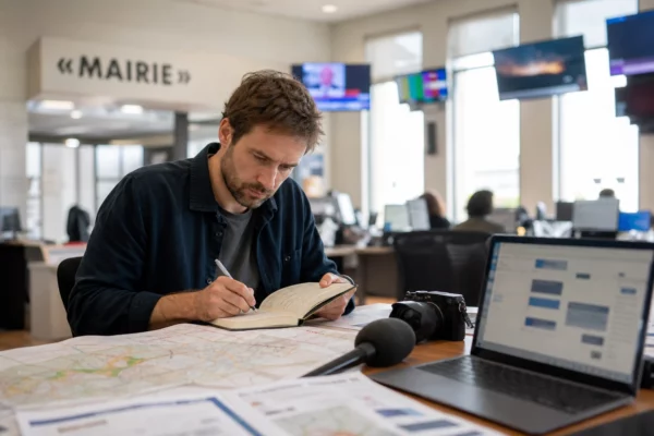 Journaliste en rédaction préparant un sujet sur les incendies et le budget rectificatif, avec carnet, carte floue et micro.
