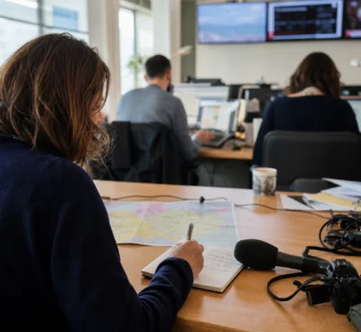 Journaliste préparant un sujet politique dans une rédaction locale française, avec carnet, carte floue et micro sans logo