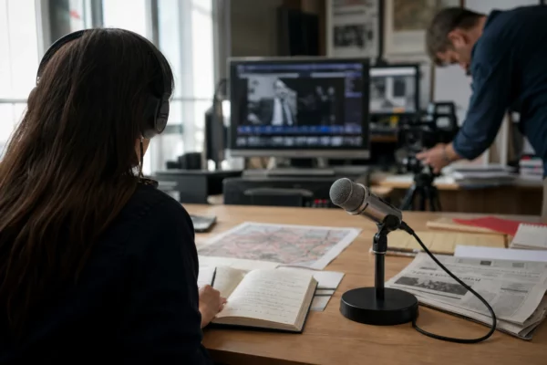 Journaliste préparant un sujet politique dans une rédaction locale, avec micro, carnet et carte papier floue