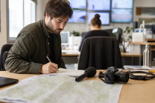 Journaliste préparant un sujet sur les moyens de lutte contre les incendies dans une rédaction locale française