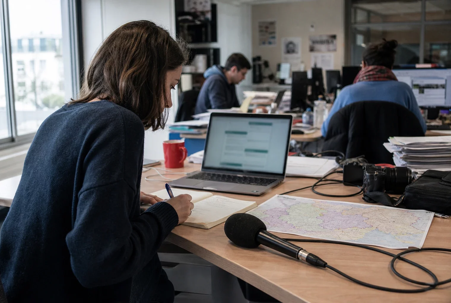 Journaliste préparant un sujet politique dans une rédaction locale, avec carnet, micro et carte papier floue