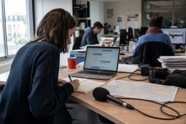 Journaliste préparant un sujet politique dans une rédaction locale, avec carnet, micro et carte papier floue