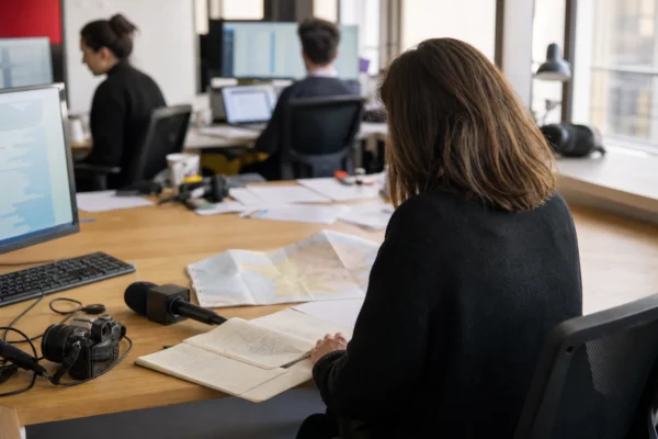 Journaliste préparant un sujet politique dans une rédaction locale française, avec carnet, carte floue et micro sans logo