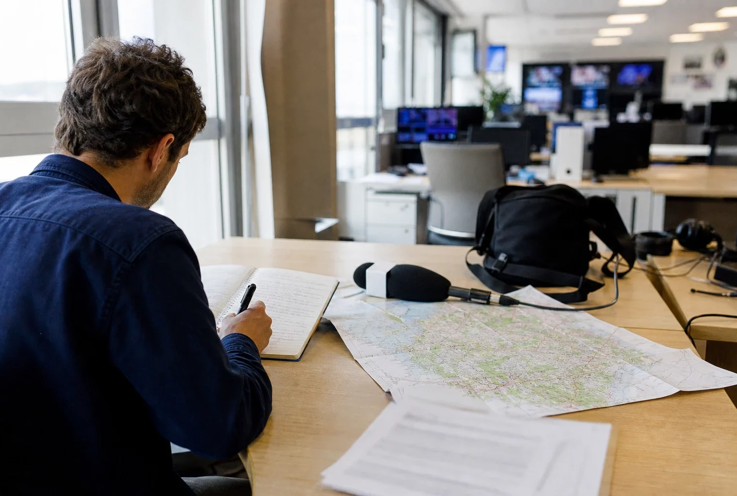 Journaliste préparant dans une rédaction locale un sujet sur la grève des sapeurs-pompiers professionnels