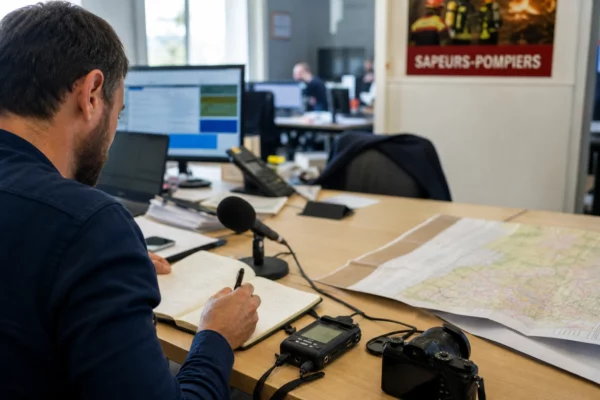 Journaliste préparant un sujet sur les pompiers dans une rédaction locale française, avec carnet et carte floue