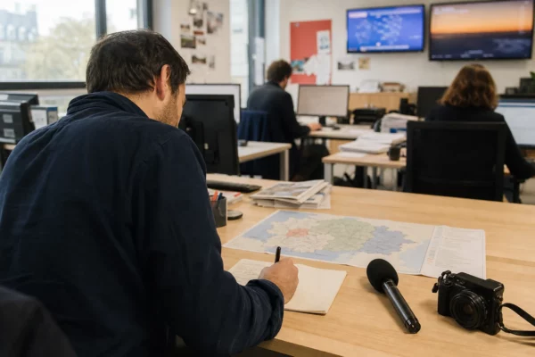 Journaliste préparant un sujet politique dans une rédaction locale française, avec carnet, carte floue et micro sans logo