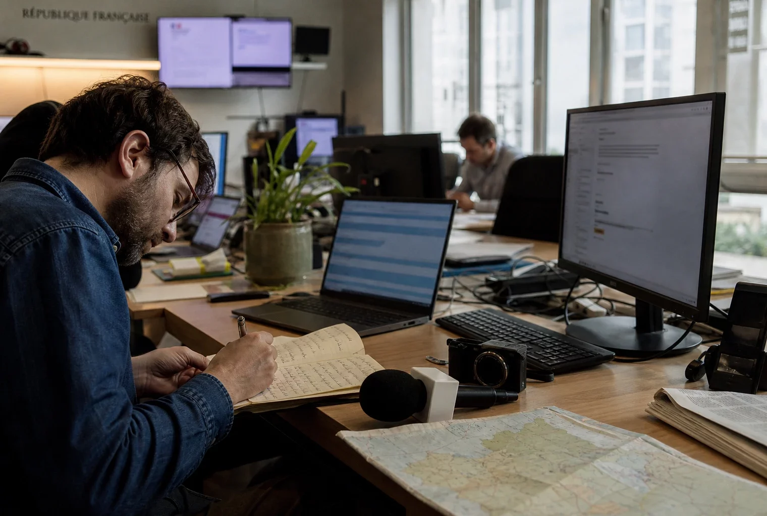 Journaliste préparant une analyse politique dans une rédaction locale française, avec carnet, carte floue et micro de presse