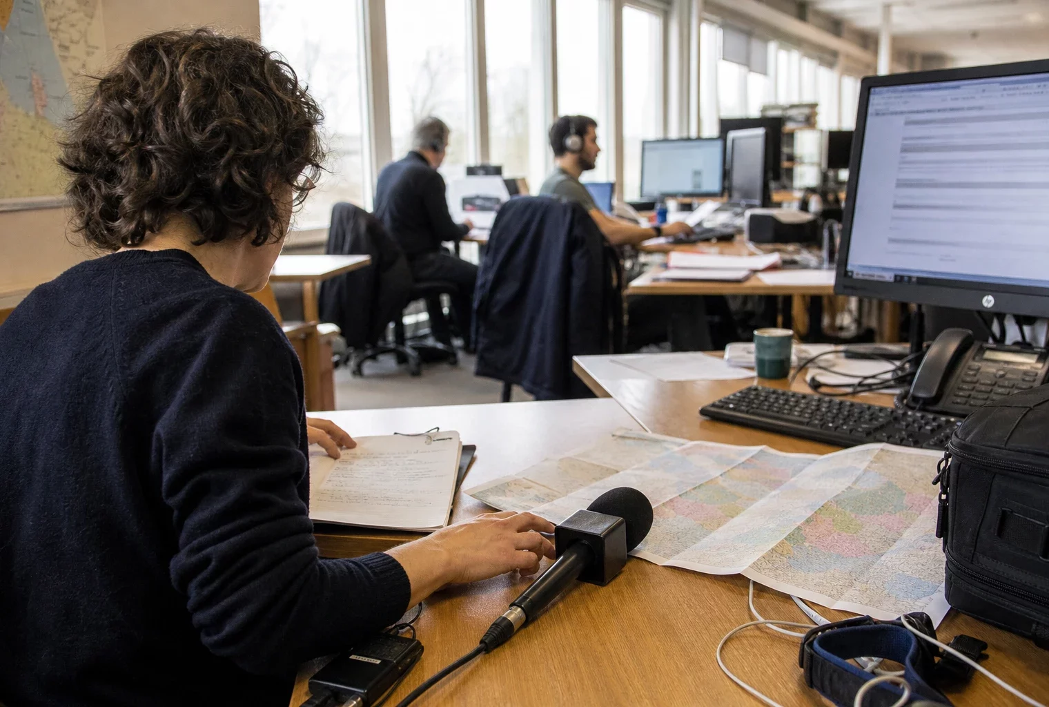 Journaliste préparant un sujet politique dans une rédaction locale française, avec carnet, micro et carte papier floue