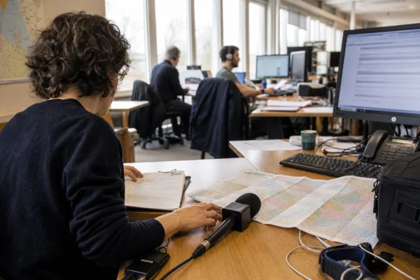 Journaliste préparant un sujet politique dans une rédaction locale française, avec carnet, micro et carte papier floue