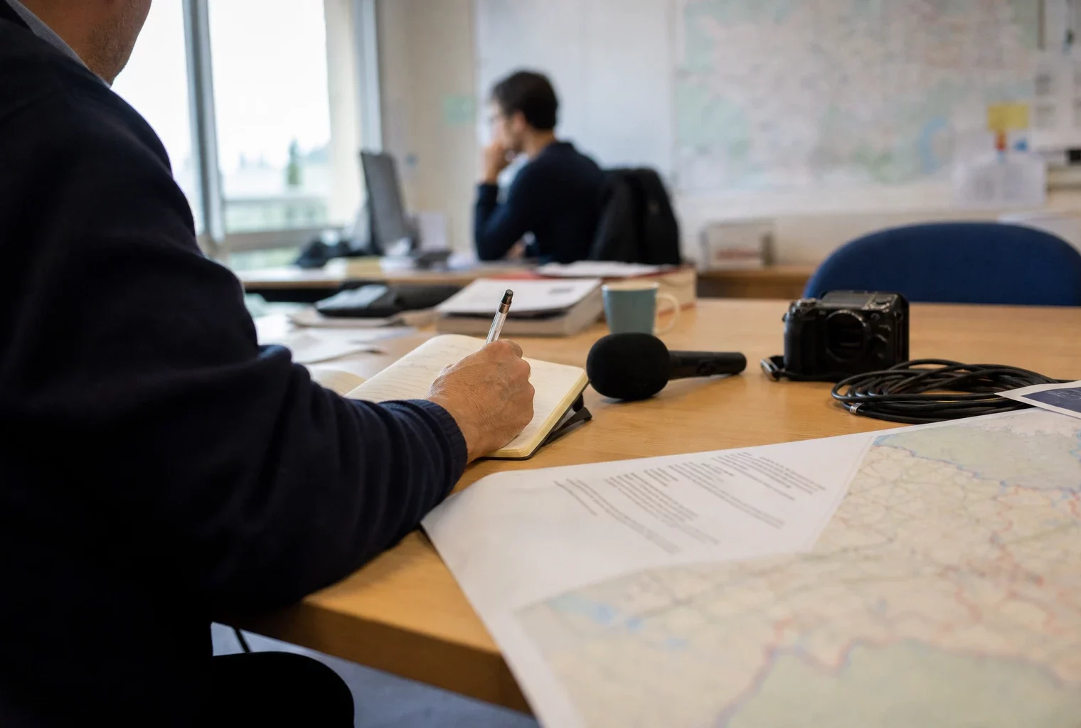 Journaliste préparant un sujet politique dans une rédaction locale française, avec carnet, micro et carte papier floue