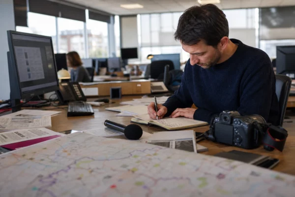 Journaliste en rédaction locale préparant un sujet politique avec carnet, micro et documents flous sous une lumière claire.