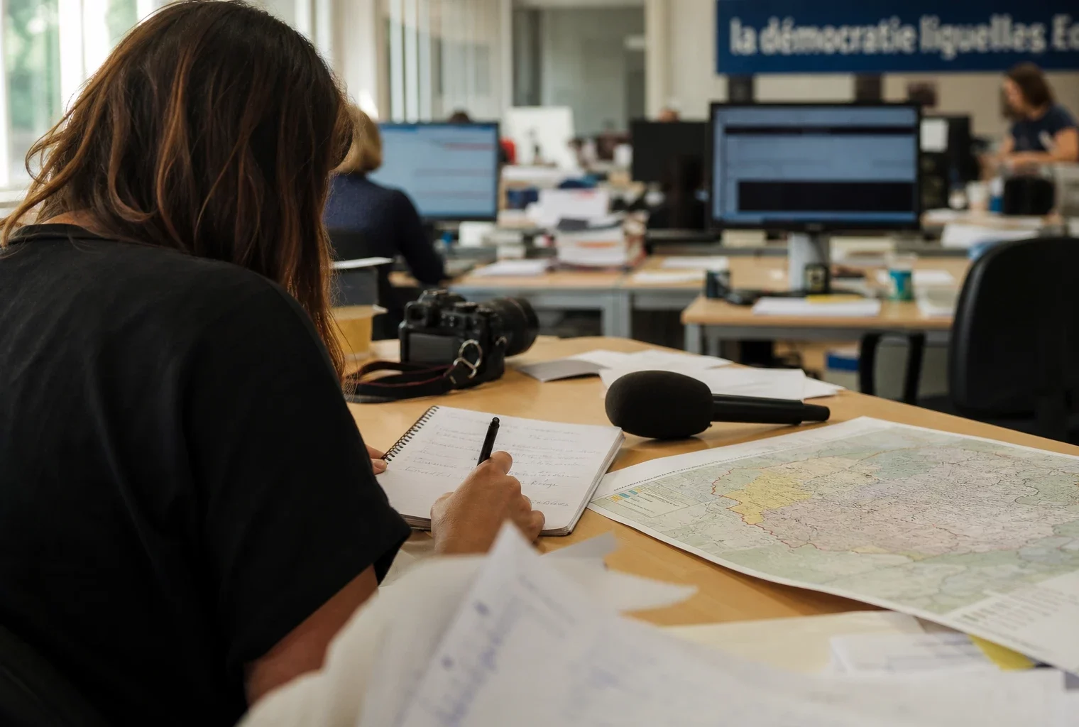 Journaliste préparant un sujet politique local dans une rédaction française, avec carnet, carte floue et micro sans logo