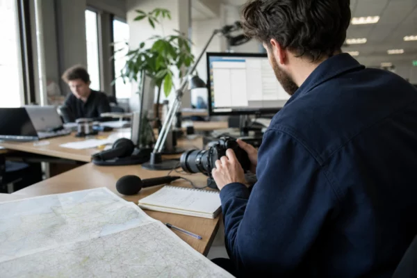 Journaliste préparant un sujet politique dans une rédaction locale française, avec carnet, micro et carte régionale floue