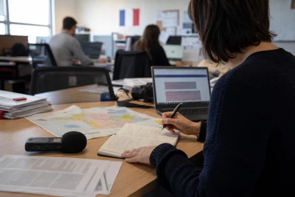 Journaliste préparant dans une rédaction locale un sujet sur la prévention des violences sur les aires d’autoroute