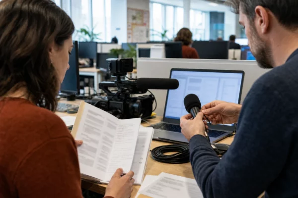 Journalistes préparant en rédaction un sujet sur une nomination municipale et la neutralité du service public