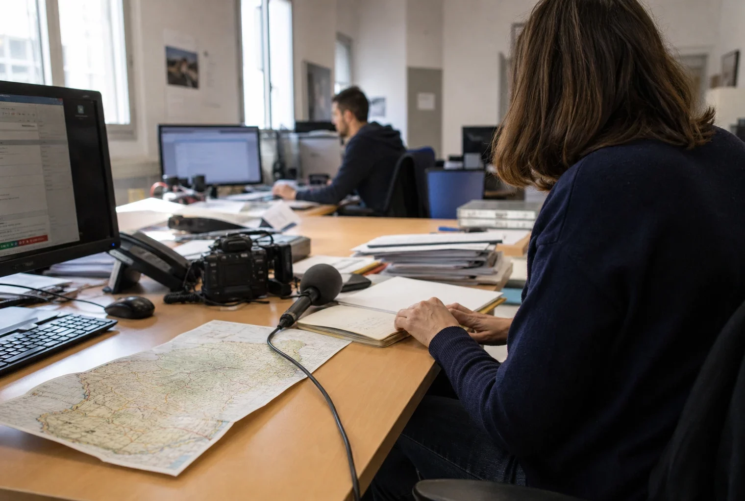 Journaliste préparant un sujet politique dans une rédaction locale, avec carnet, micro et carte papier floue