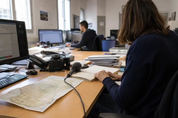 Journaliste préparant un sujet politique dans une rédaction locale, avec carnet, micro et carte papier floue