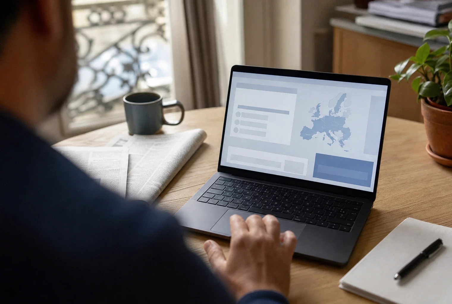 Main floue devant un écran d’ordinateur affichant une interface européenne abstraite dans un bureau français