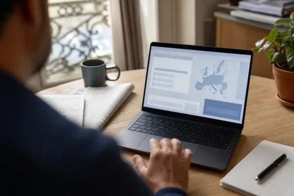 Main floue devant un écran d’ordinateur affichant une interface européenne abstraite dans un bureau français