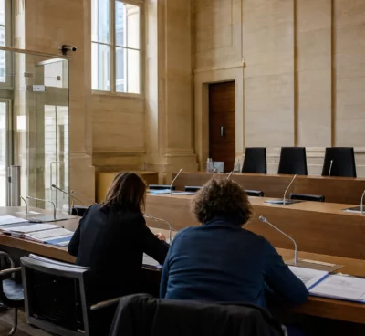Salle d’audition institutionnelle française avec micros et dossiers flous sur la protection des mineurs en ligne