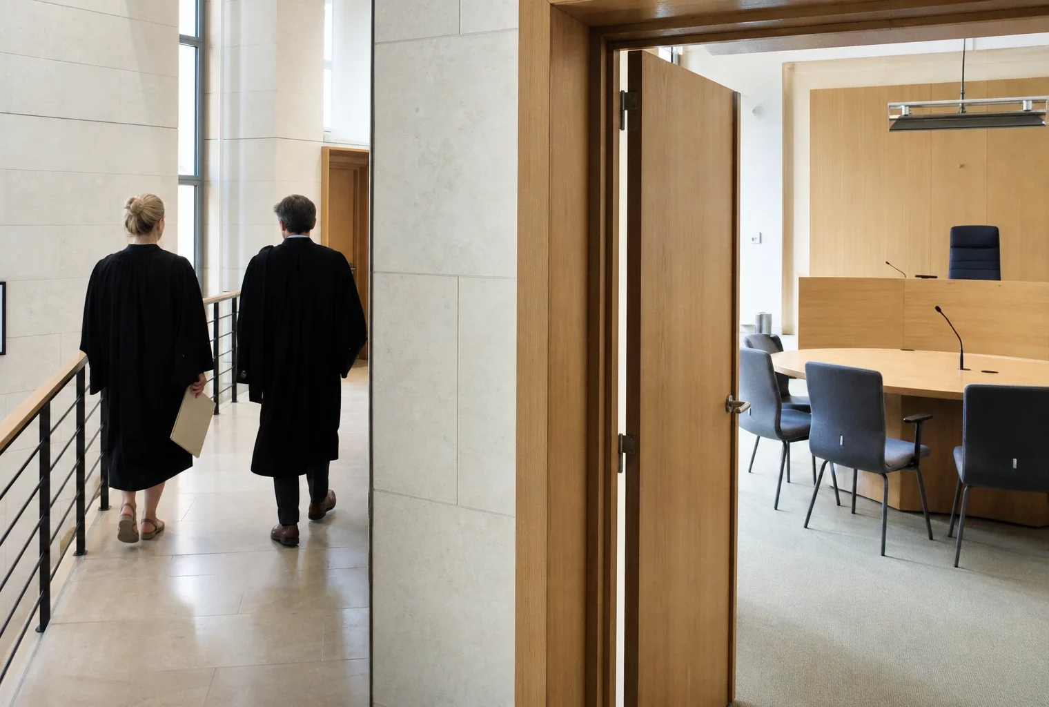 Couloir clair d’une institution publique française évoquant le débat juridique sur le référendum et le voile