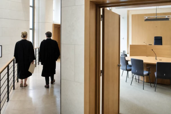 Couloir clair d’une institution publique française évoquant le débat juridique sur le référendum et le voile