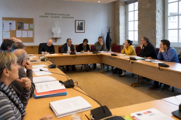 Réunion dans une salle municipale française sur la réforme de la sécurité civile, avec micros, dossiers et une chaise vide