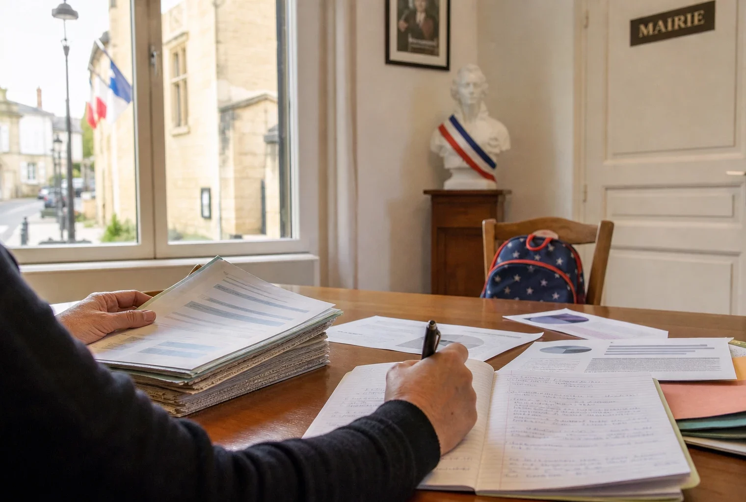 Élu local anonyme examinant un dossier sur les réformes scolaires dans une mairie française lumineuse