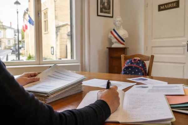 Élu local anonyme examinant un dossier sur les réformes scolaires dans une mairie française lumineuse