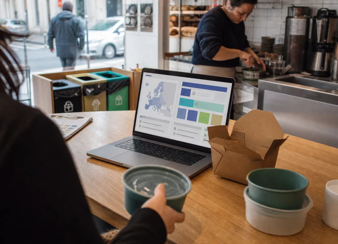 Café français préparant des emballages réutilisables devant un écran aux formes européennes abstraites