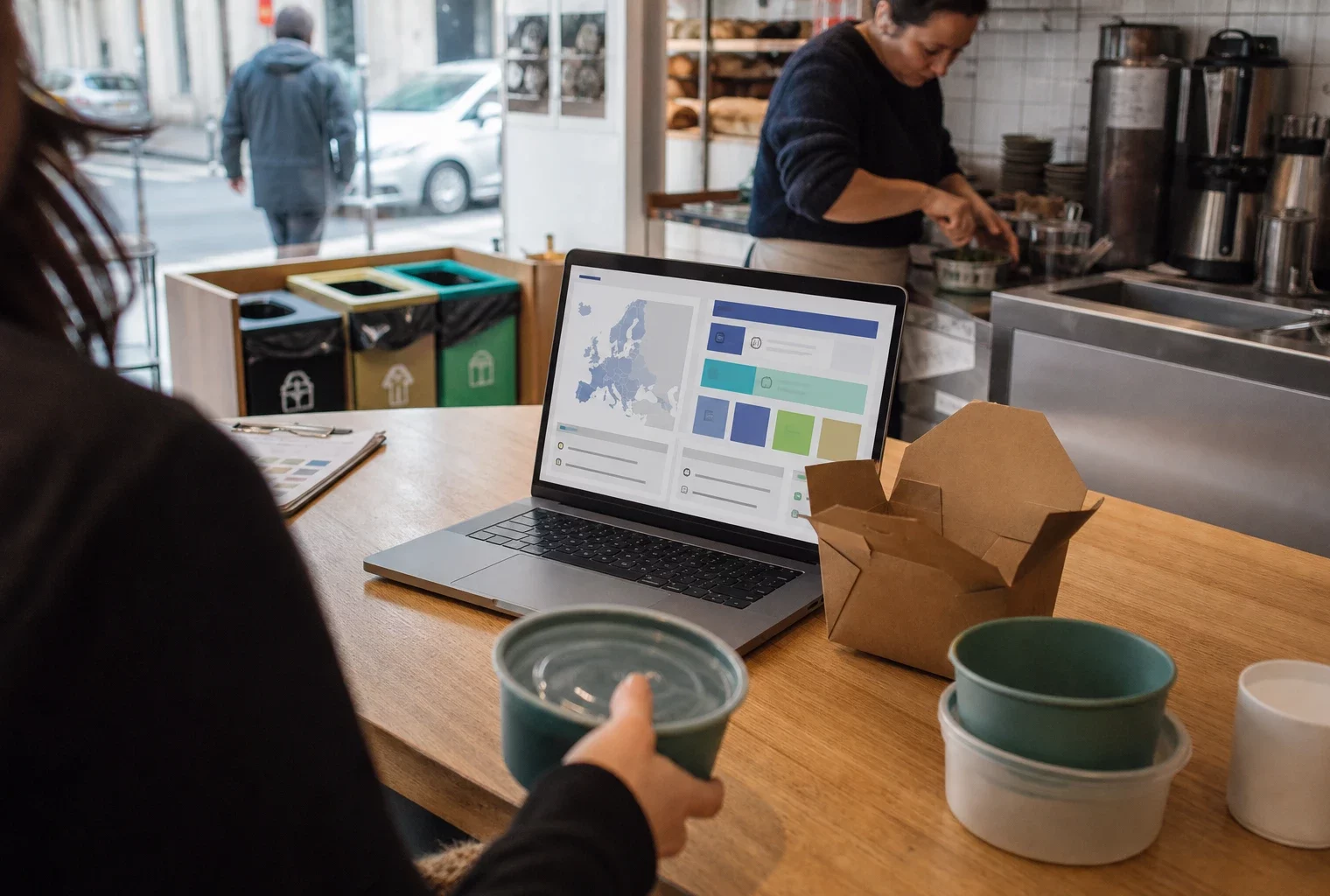 Café français préparant des emballages réutilisables devant un écran aux formes européennes abstraites