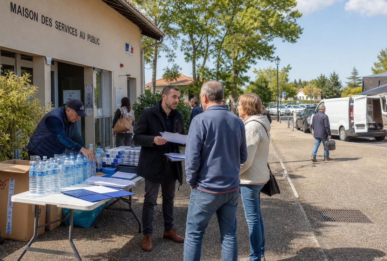 Habitants et assureur échangent devant un équipement public à Biscarrosse après les incendies dans les Landes