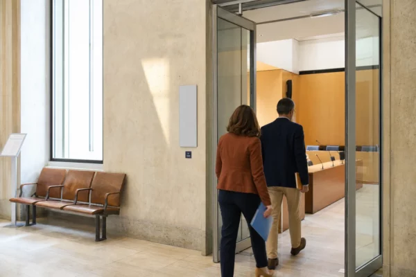 Couloir clair d’une institution publique française menant à une salle d’audition politique avant une réunion