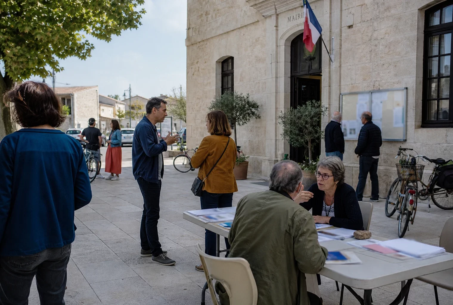Citoyens anonymes échangeant devant une mairie française pendant la rentrée politique, dans une lumière claire et naturelle