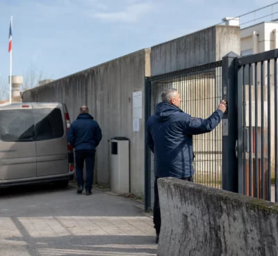 Scène de reportage devant un bâtiment institutionnel français, avec deux agents anonymes et un véhicule utilitaire banal.