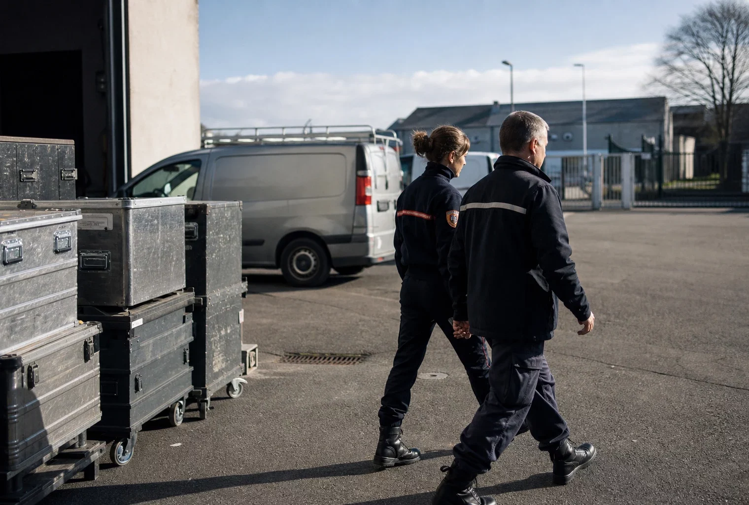 Reportage photo d’un site français de sécurité civile calme avec deux agents anonymes et du matériel technique