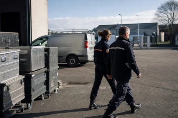 Reportage photo d’un site français de sécurité civile calme avec deux agents anonymes et du matériel technique