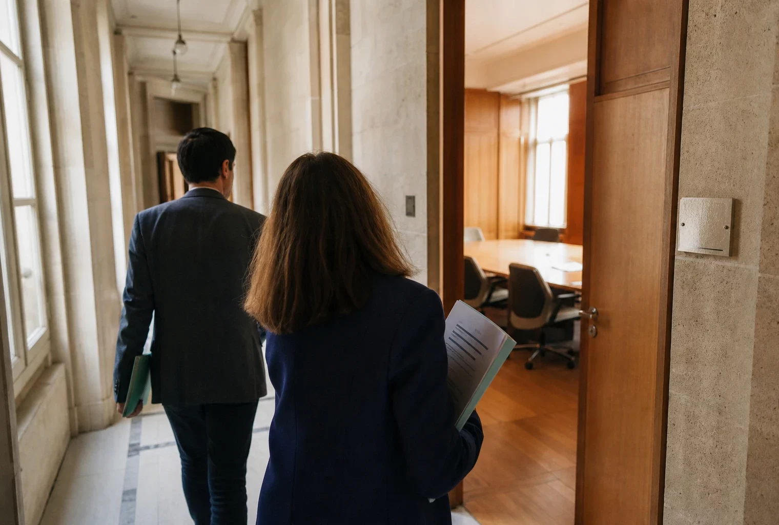 Hall clair d’une institution publique française avec fonctionnaires anonymes et salle d’audition en arrière-plan