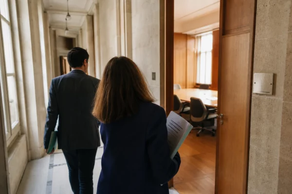 Hall clair d’une institution publique française avec fonctionnaires anonymes et salle d’audition en arrière-plan