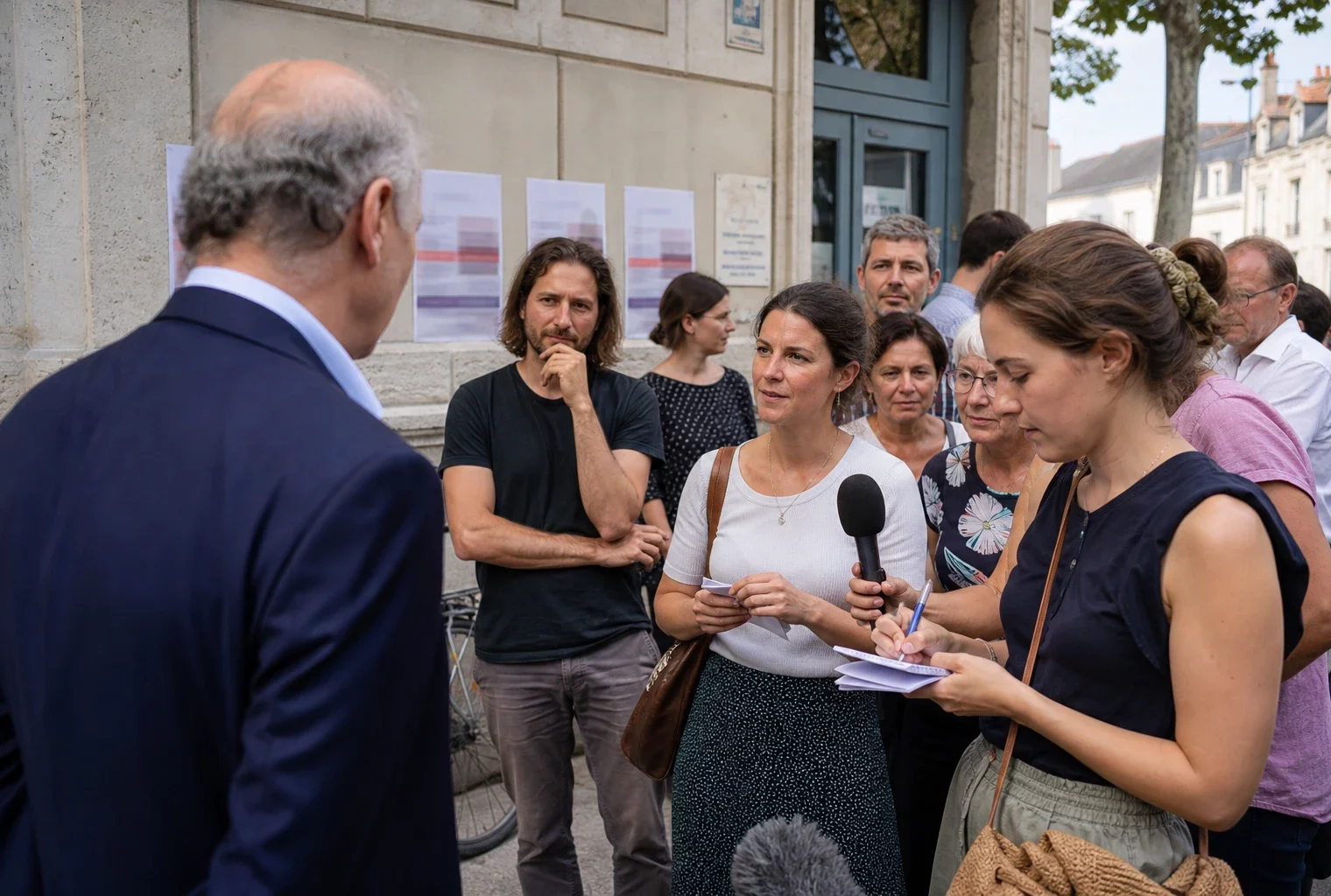 Scène de rue à Blois avec un ancien responsable politique échangeant avec des habitants et des journalistes anonymes