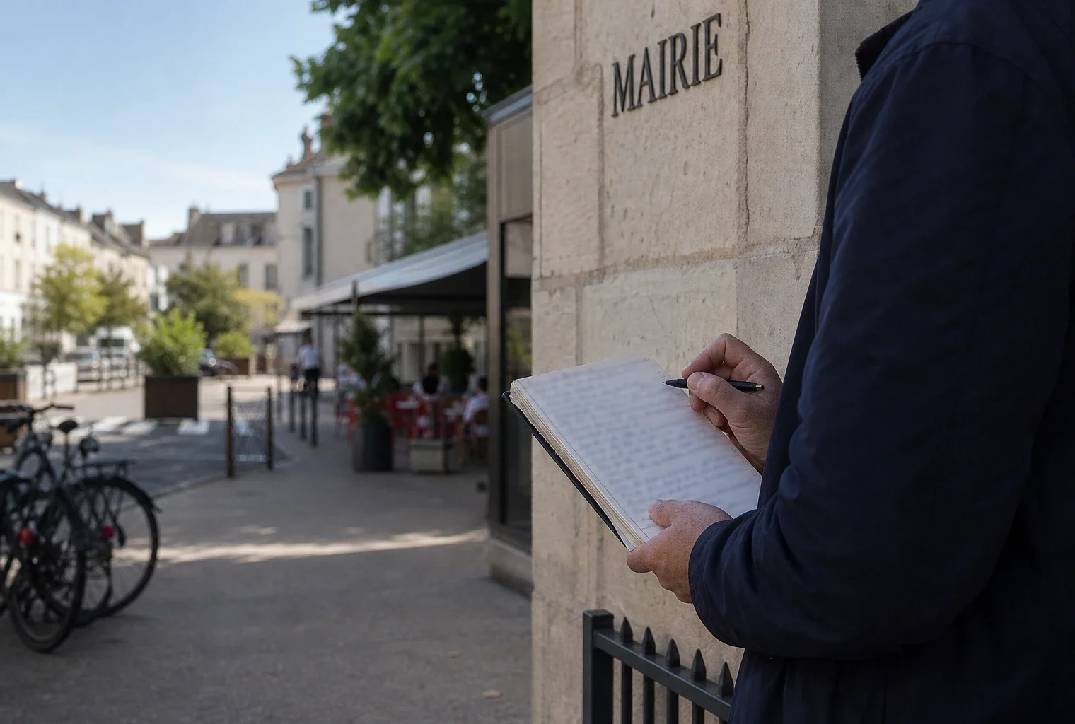Collaborateur politique anonyme consultant un carnet devant une mairie française, dans une lumière estivale claire