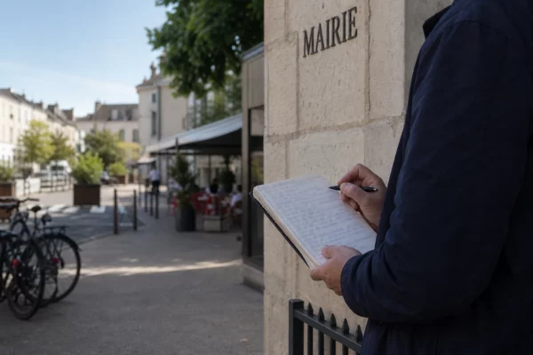 Collaborateur politique anonyme consultant un carnet devant une mairie française, dans une lumière estivale claire